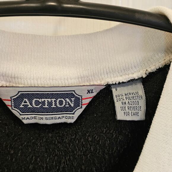 Vintage Action 1980s V-Neck Striped Velour Sweater Ribbed Cuffs Black/Tan Sz XL - Picture 4 of 6